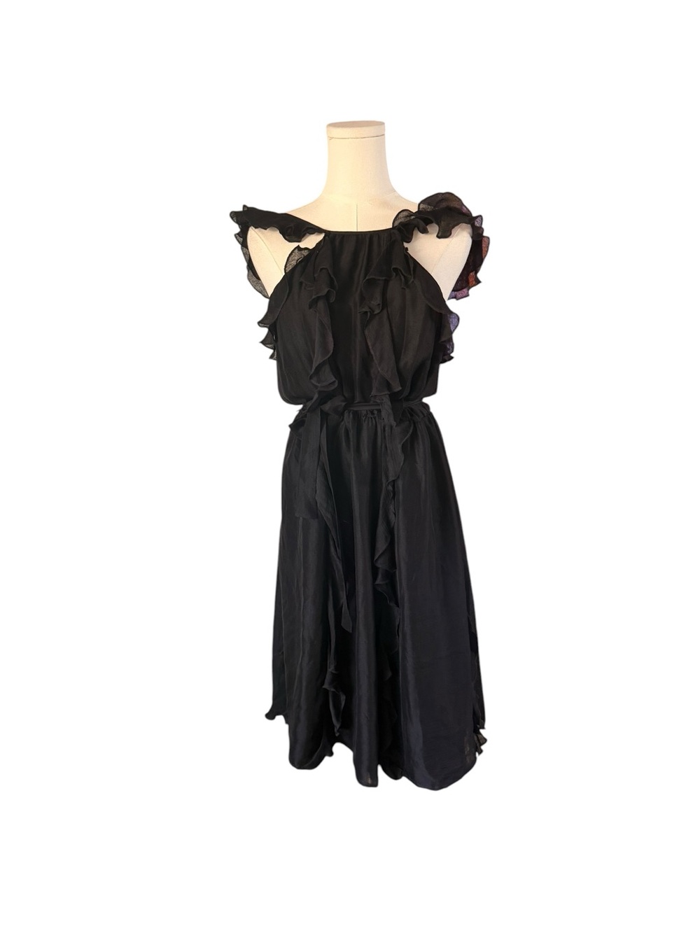100% silk Twelfth Street by Cynthia Vincent Black Ruffle-Trim Midi Dress